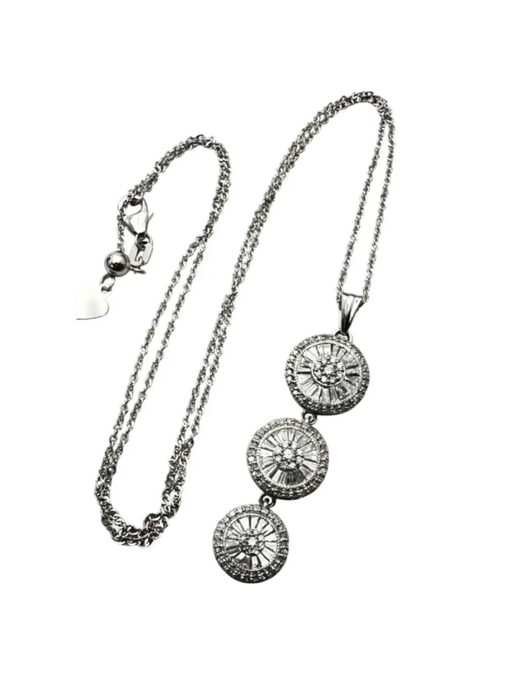 Outrageous 14K White Gold Triple Baguette Round Diamond Cluster Pendant Necklace
